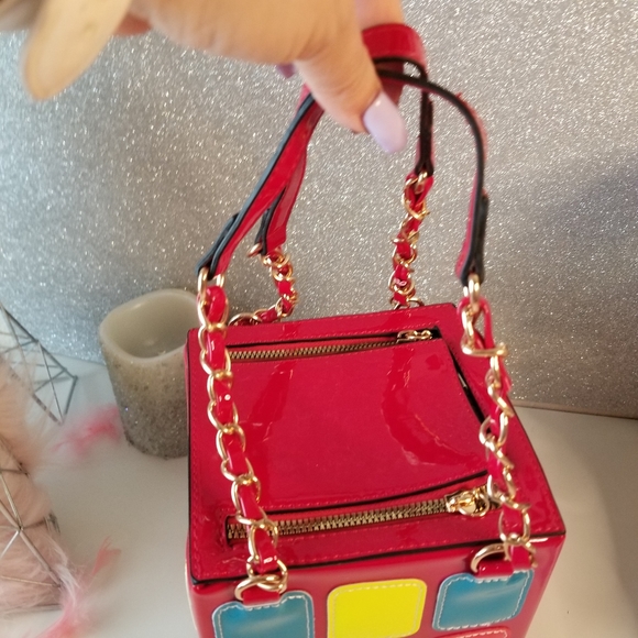 Retro Glossy Red Multicolor Square Rubiks Cube Shape Purse Chain Handbag NEW - Picture 4 of 16